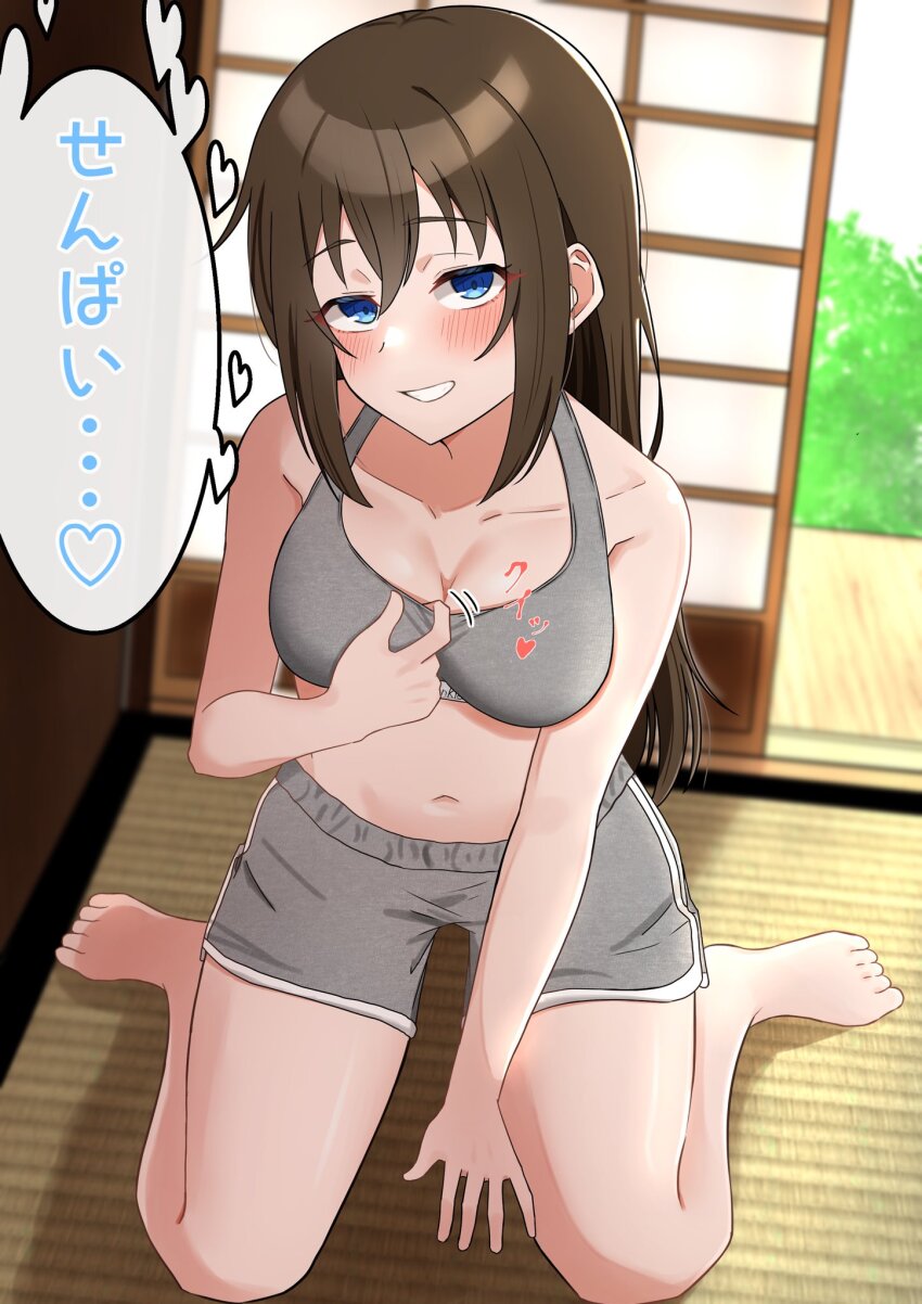 1girl, barefoot, blue_eyes, blush, bra, bra_pull, breasts, brown_hair, calvin_klein, cleavage, clothes_pull, collarbone, commentary, dolphin_shorts, full_body, grey_bra, grey_shorts, grin, hair_between_eyes, hair_down, heart, highres, indoors, long_hair, looking_at_viewer, love_live!, love_live!_nijigasaki_high_school_idol_club, navel, osaka_shizuku, sakusaku_cookie, seductive_smile, shorts, shouji, sidelocks, sliding_doors, smile, solo, speech_bubble, spoken_heart, stomach, underwear