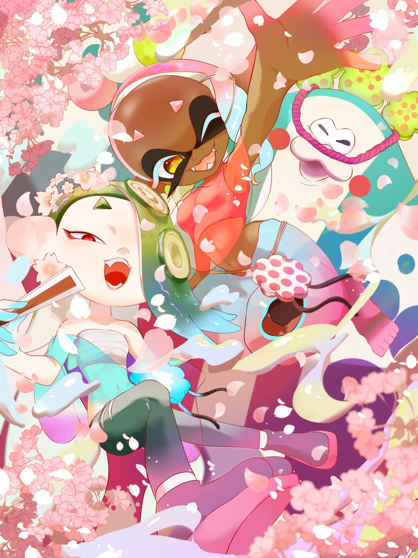 1boy, 2girls, absurdres, big_man_(splatoon), big_man_(springfest)_(splatoon), black_leggings, blue_hair, blue_pants