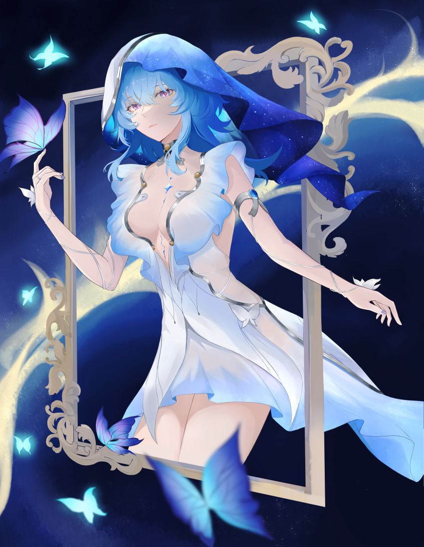 1girl, absurdres, armlet, blue_butterfly, blue_hair, blue_veil, breasts, bug