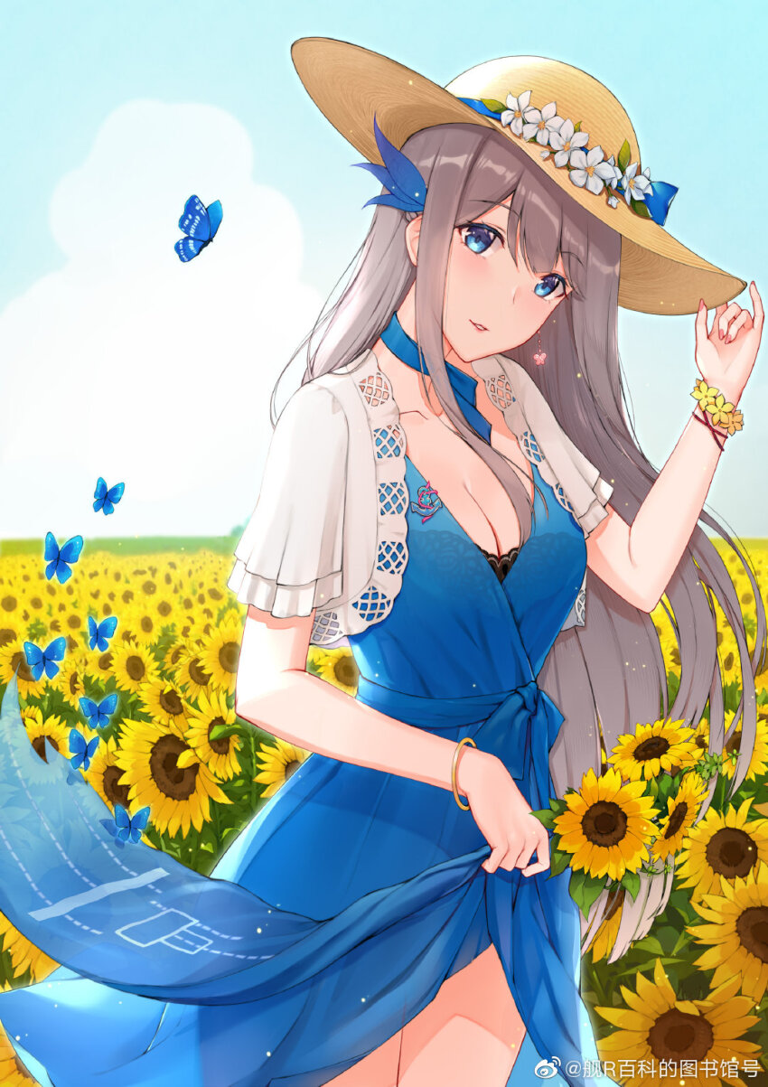 1girl, blue_butterfly, blue_choker, blue_dress, blue_eyes, bracelet, breasts, bug