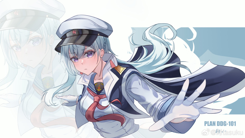 1girl, anshan_(warship_girls_r), blue_hair, breasts, cape, character_name, english_text, gloves