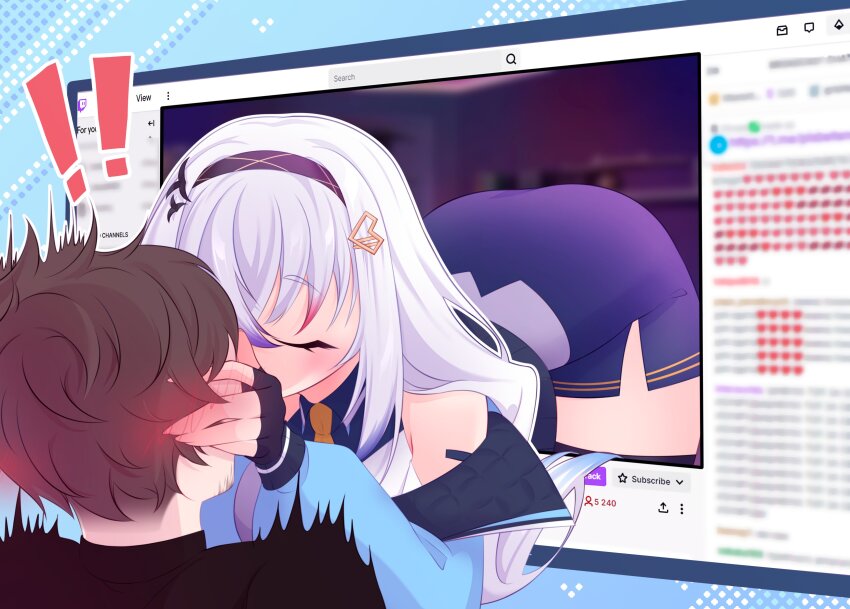 1boy, 1girl, absurdres, bent_over, black_hairband, black_skirt, black_thighhighs, blue_jacket