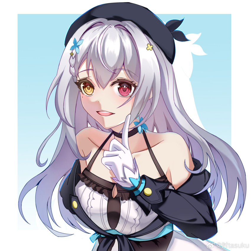 1girl, bare_shoulders, beret, black_choker, black_jacket, blue_flower, braid, breasts