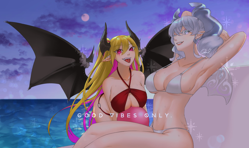 2girls, arms_behind_head, bikini, black_wings, blonde_hair, breasts, cleavage, collarbone, commentary_request, criss-cross_halter, demon_girl, demon_horns, duel_monster, ear_piercing, earrings, english_text, fangs, grey_eyes, grey_hair, halterneck, highres, horns, jewelry, lacrima_the_crimson_tears, large_breasts, long_hair, looking_at_viewer, lovely_labrynth_of_the_silver_castle, multicolored_hair, multiple_girls, ocean, one_eye_closed, piercing, pink_eyes, pink_hair, pointy_ears, quo_(haizaraq), red_bikini, smile, swimsuit, teeth, tongue, tongue_piercing, transparent_wings, twintails, two-tone_hair, two_side_up, upper_teeth_only, white_bikini, white_wings, wings, yu-gi-oh!