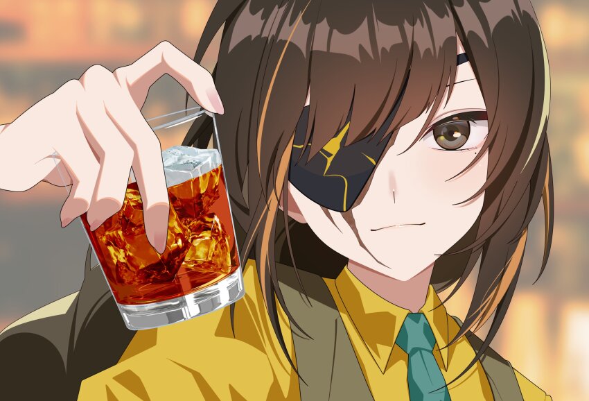 alcohol, blue_necktie, blunt_bangs, braid, brown_eyes, brown_hair, brown_vest, closed_mouth