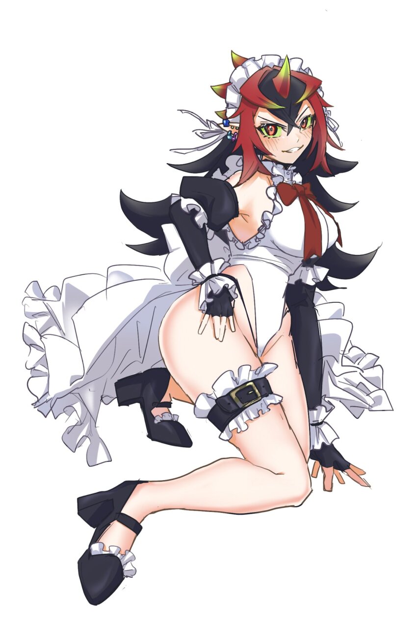 1girl, alternate_costume, breasts, colored_sclera, detached_sleeves, duel_monster, ear_piercing, frilled_footwear