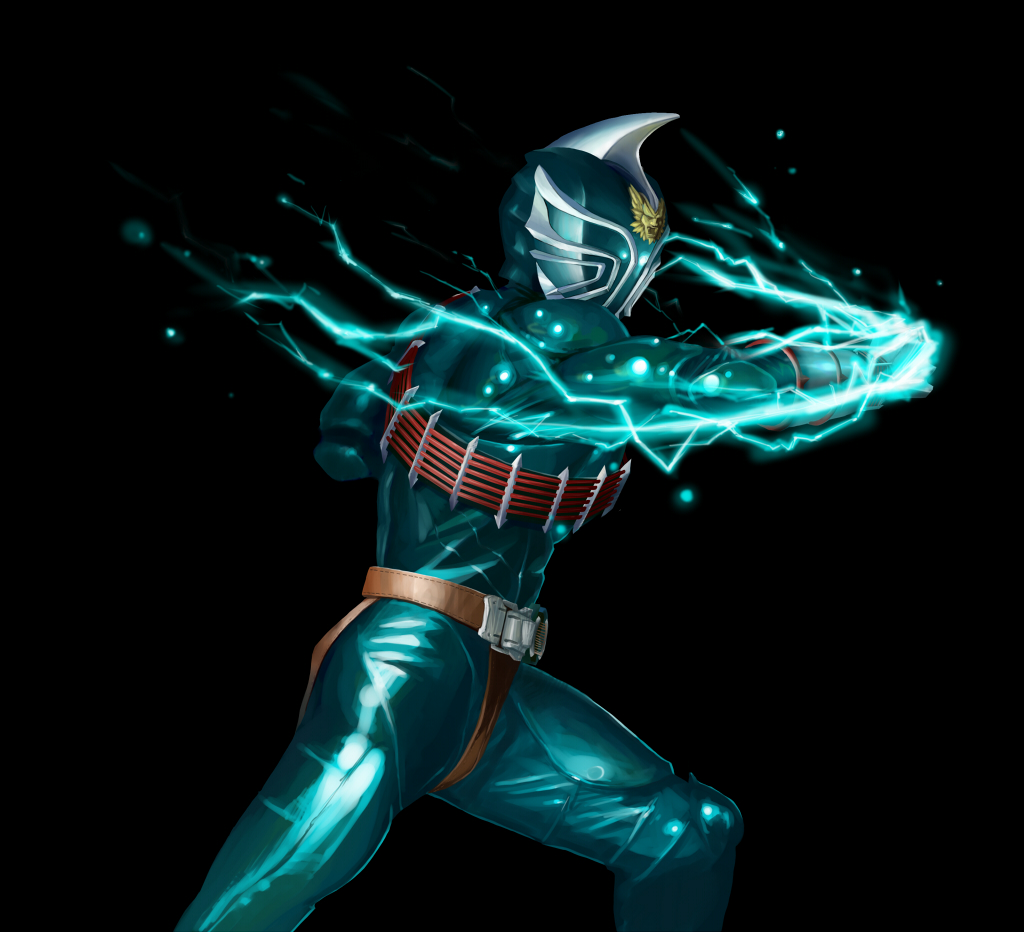1boy, belt, black_background, buckle, electricity, horns, kamen_rider, kamen_rider_hibiki_(series), kamen_rider_todoroki, kuchibiru, kuchibiru_keisuke, male_focus, simple_background, single_horn, skin_tight, solo, standing