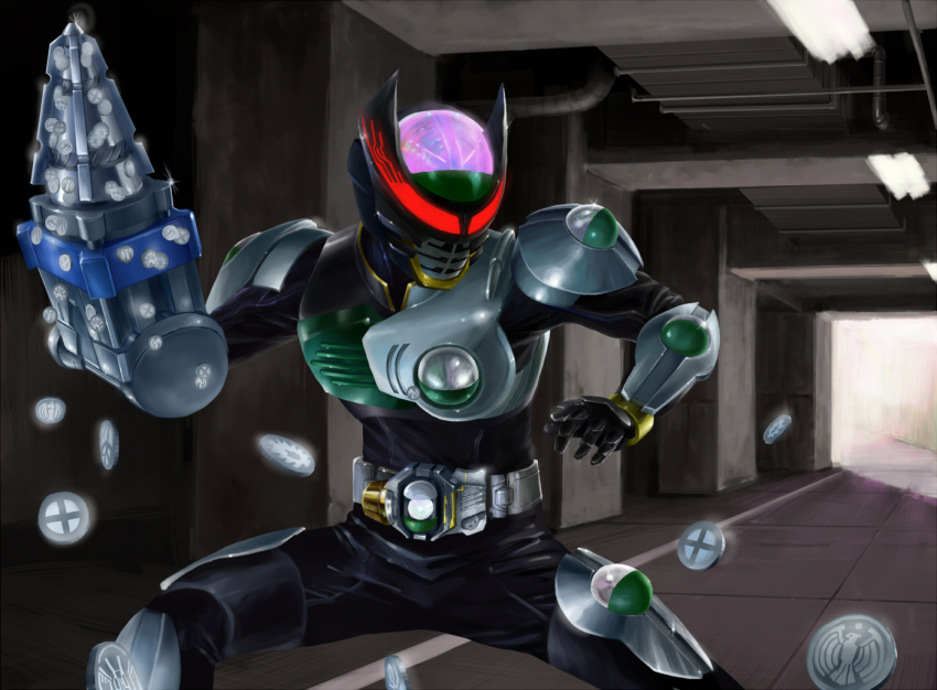 1boy, drill, glowing, glowing_eyes, kamen_rider, kamen_rider_birth, kamen_rider_ooo_(series), kuchibiru