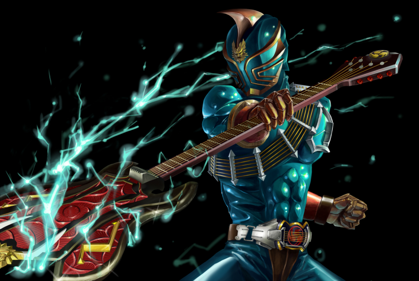 1boy, belt, electricity, guitar, horns, instrument, kamen_rider, kamen_rider_hibiki_(series)