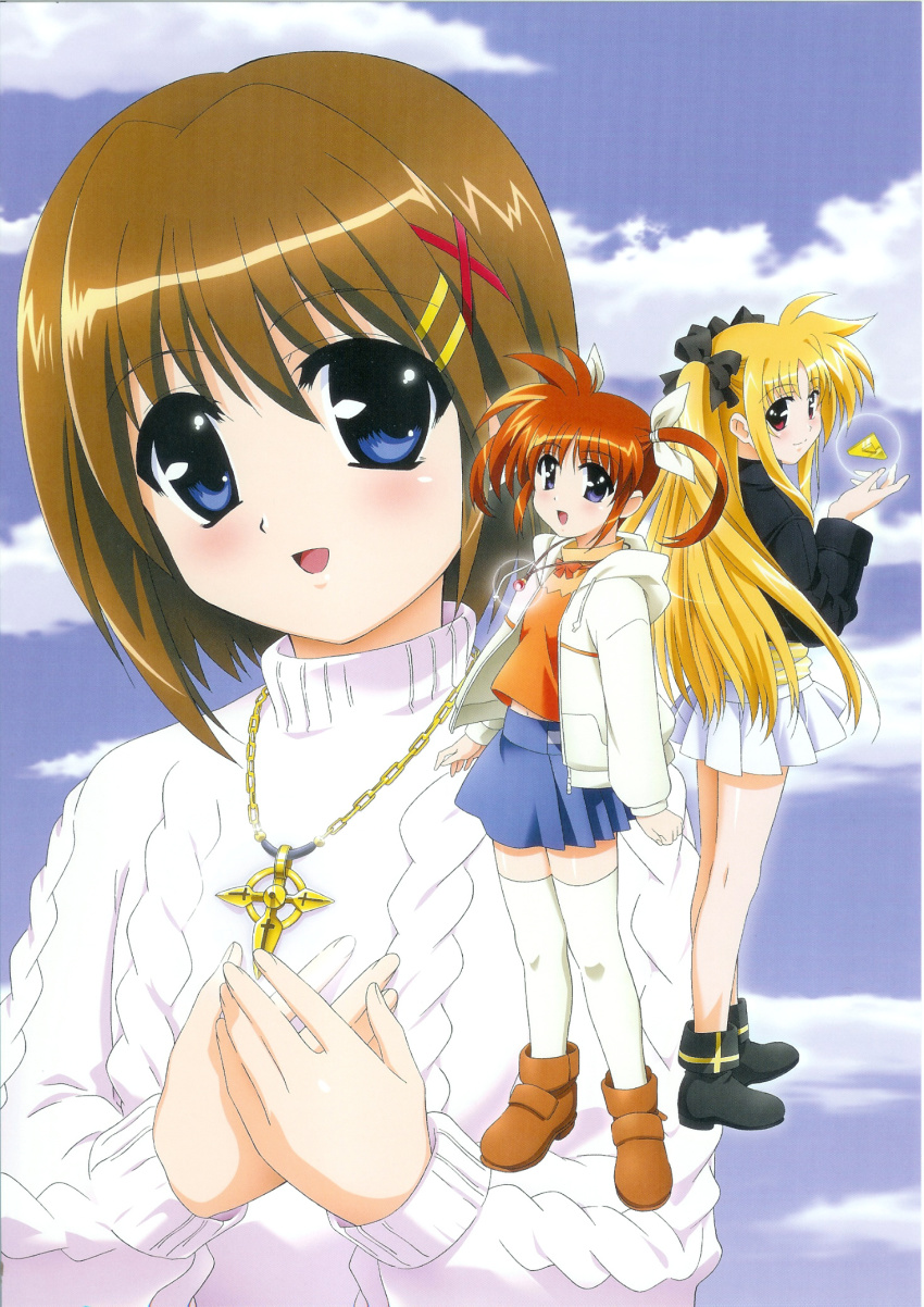 00s, 3girls, bardiche_(nanoha), bardiche_(standby_form)_(nanoha), blonde_hair, blue_eyes, blush, brown_hair