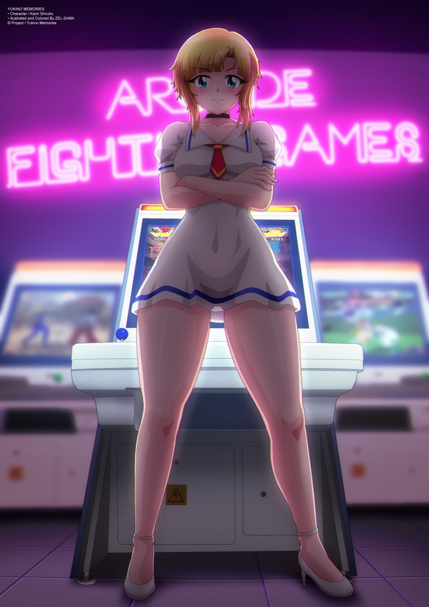 1girl, absurdres, arcade, arcade_cabinet, blonde_hair, blue_eyes, blush, breasts, choker, collarbone, crossed_arms, high_heels, highres, kagura_maki, kaori_shiruko, looking_at_viewer, medium_breasts, neckerchief, neon_lights, neon_sign, original, puffy_sleeves, red_neckerchief, shirt, shoes, short_hair, short_sleeves, smile, snk, standing, the_king_of_fighters, white_shirt, white_shoes, yagami_iori, yukino_memories, zel-sama