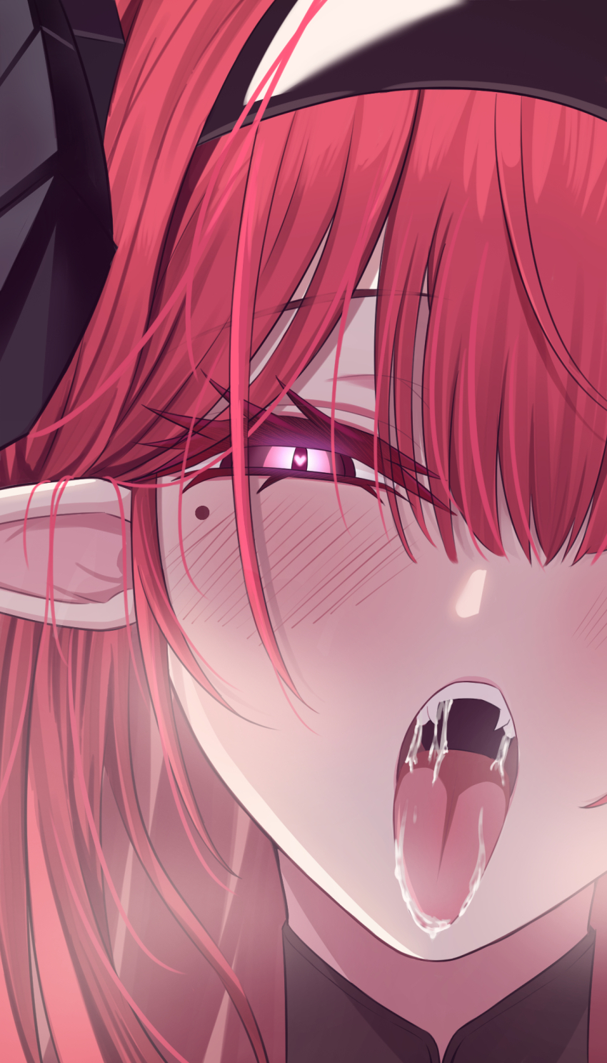 1girl, azur_lane, blush, close-up, demon_girl, heart, heart-shaped_pupils, highres, hindenburg_(azur_lane), kazam_fm, looking_at_viewer, mole, mole_under_eye, open_mouth, pointy_ears, red_hair, saliva, saliva_trail, symbol-shaped_pupils, tongue, tongue_out