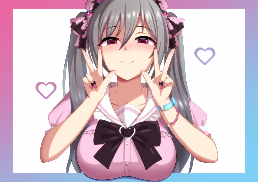 1girl, absurdres, blush, border, bracelet, breasts, collarbone, double_w