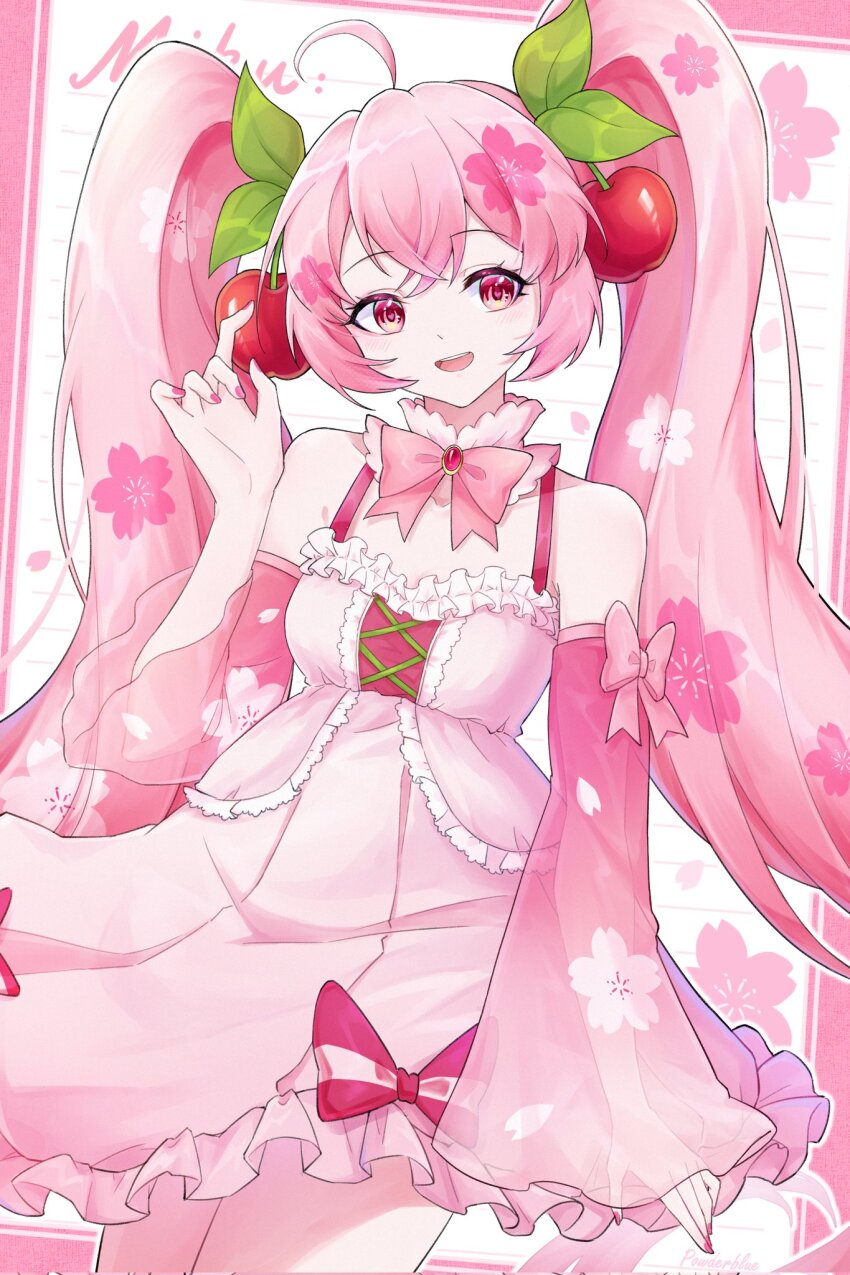 1girl, :d, ahoge, alternate_costume, cherry, detached_sleeves, dress, food, food-themed_hair_ornament, fruit, fruit_hair_ornament, hair_ornament, hatsune_miku, highres, looking_at_viewer, official_alternate_color, official_alternate_eye_color, official_alternate_hair_color, open_mouth, pink_dress, pink_eyes, pink_hair, pink_nails, pink_sleeves, pink_theme, powderblue_lan, sakura_miku, smile, twintails, vocaloid