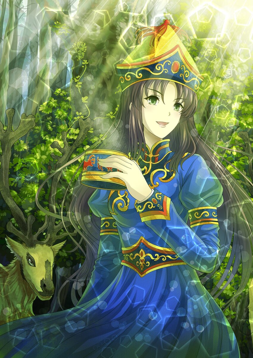 1girl, black_hair, blue_dress, china, china_comic, chinese_clothes, cowboy_shot, dress, forest, green_eyes, hat, highres, long_hair, mandarin_collar, multicolored_dress, nature, original, oroqen_clothes, pointy_hat, reindeer, solo, very_long_hair, yellow_hat
