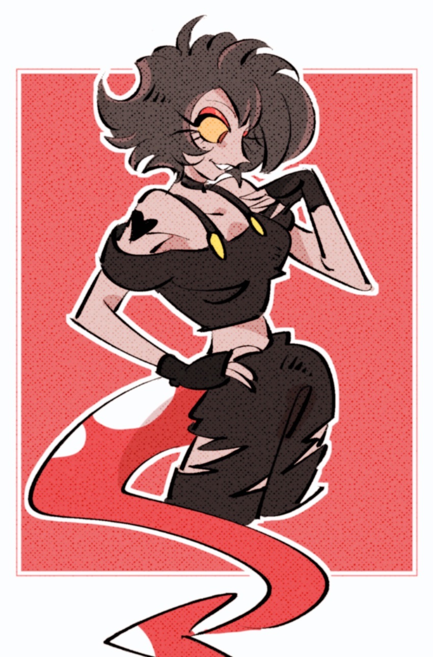 1girl, black_hair, black_pants, buck_teeth, crop_top, demon_girl, demon_tail, hand_on_own_hip