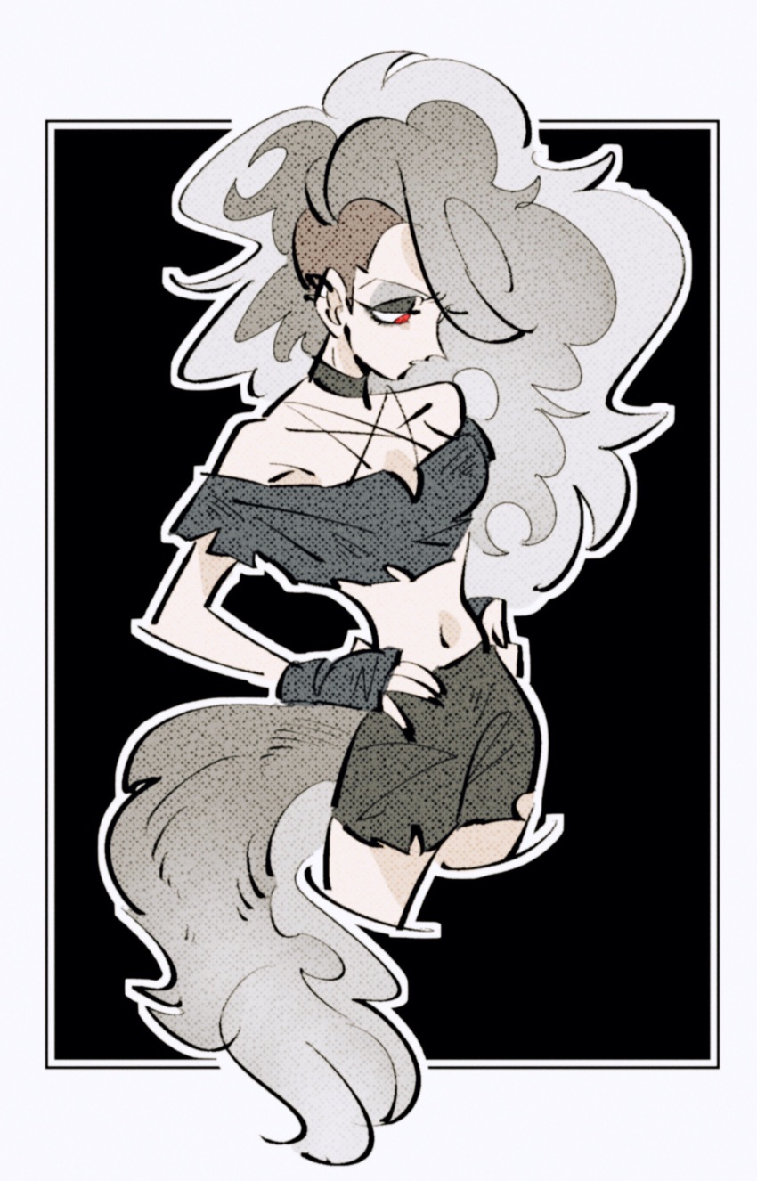 absurdres, black_shorts, crop_top, demon_girl, dog_girl, dog_tail, hand_on_own_hip, hellaverse