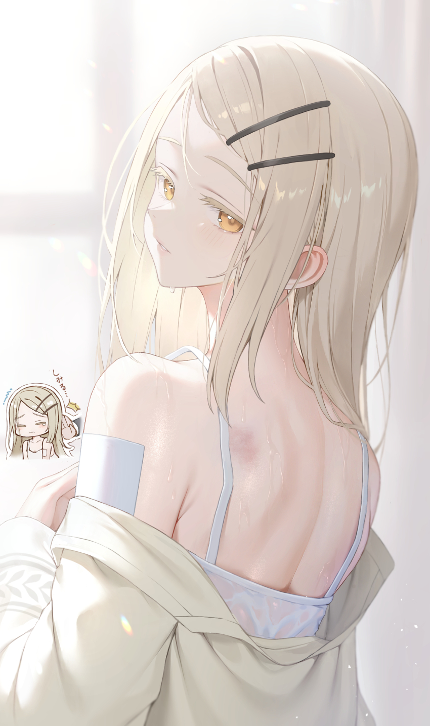 1girl, albino, back, bare_shoulders, blonde_hair, blurry, blurry_background, bruise, bruise_on_back, camisole, colored_eyelashes, commentary_request, flipped_hair, from_behind, gakuen_idolmaster, hair_ornament, hairclip, hibimaru, highres, idolmaster, long_sleeves, looking_at_viewer, looking_back, off_shoulder, orange_eyes, shinosawa_hiro, shoulder_blades, solo, sweat, sweaty_clothes, swept_bangs, upper_body, white_camisole, yellow_eyes