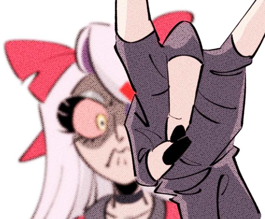 1girl, angry, flick, hazbin_hotel, hellaverse, highres, long_hair, looking_at_viewer, pink_ribbon, pink_shirt, ribbon, shirt, solo, vaggie, white_hair, yasutak1192