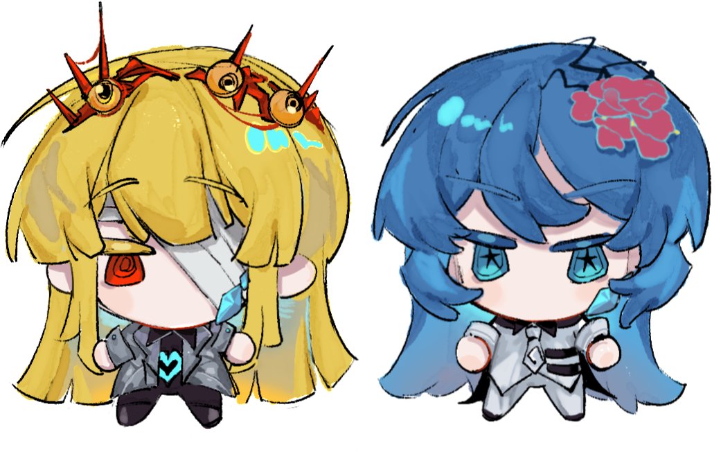 2girls, bandage_over_one_eye, black_bodysuit, blonde_hair, blue_eyes, blue_hair, bodysuit, chibi