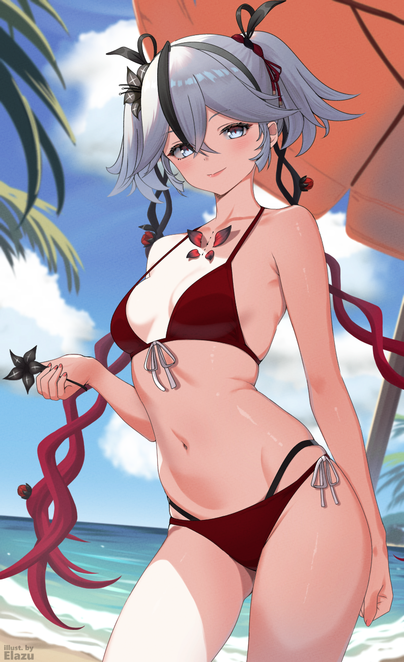 1girl, alternate_costume, armpit_crease, artist_name, beach, bikini, black_flower, black_hairband
