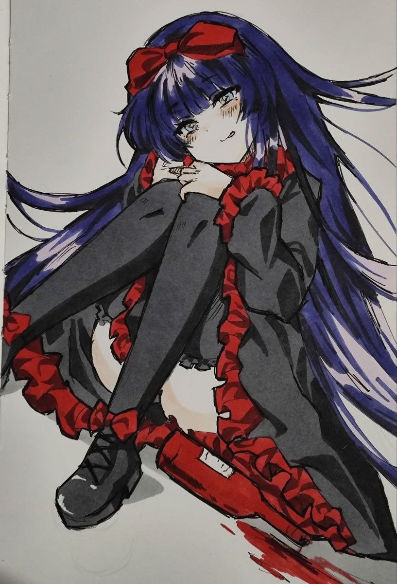 1girl, :p, black_dress, black_shoes, black_souls, black_souls_2, black_thighhighs, blue_eyes