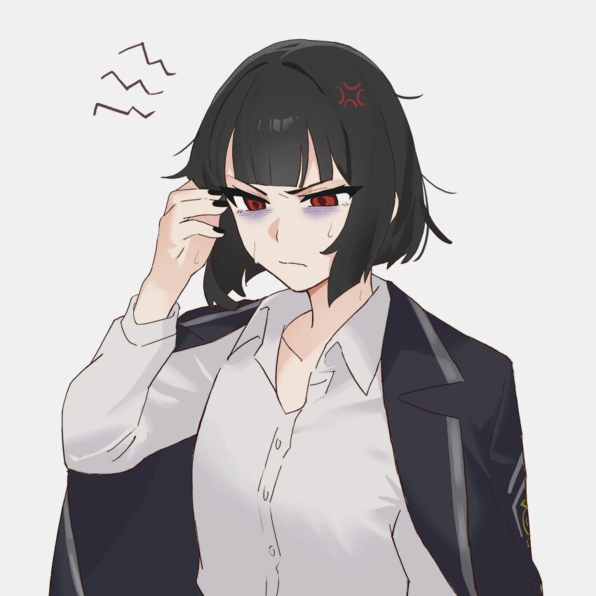 1girl, addiction, anger_vein, bags_under_eyes, black_coat, black_hair, black_nails, bob_cut