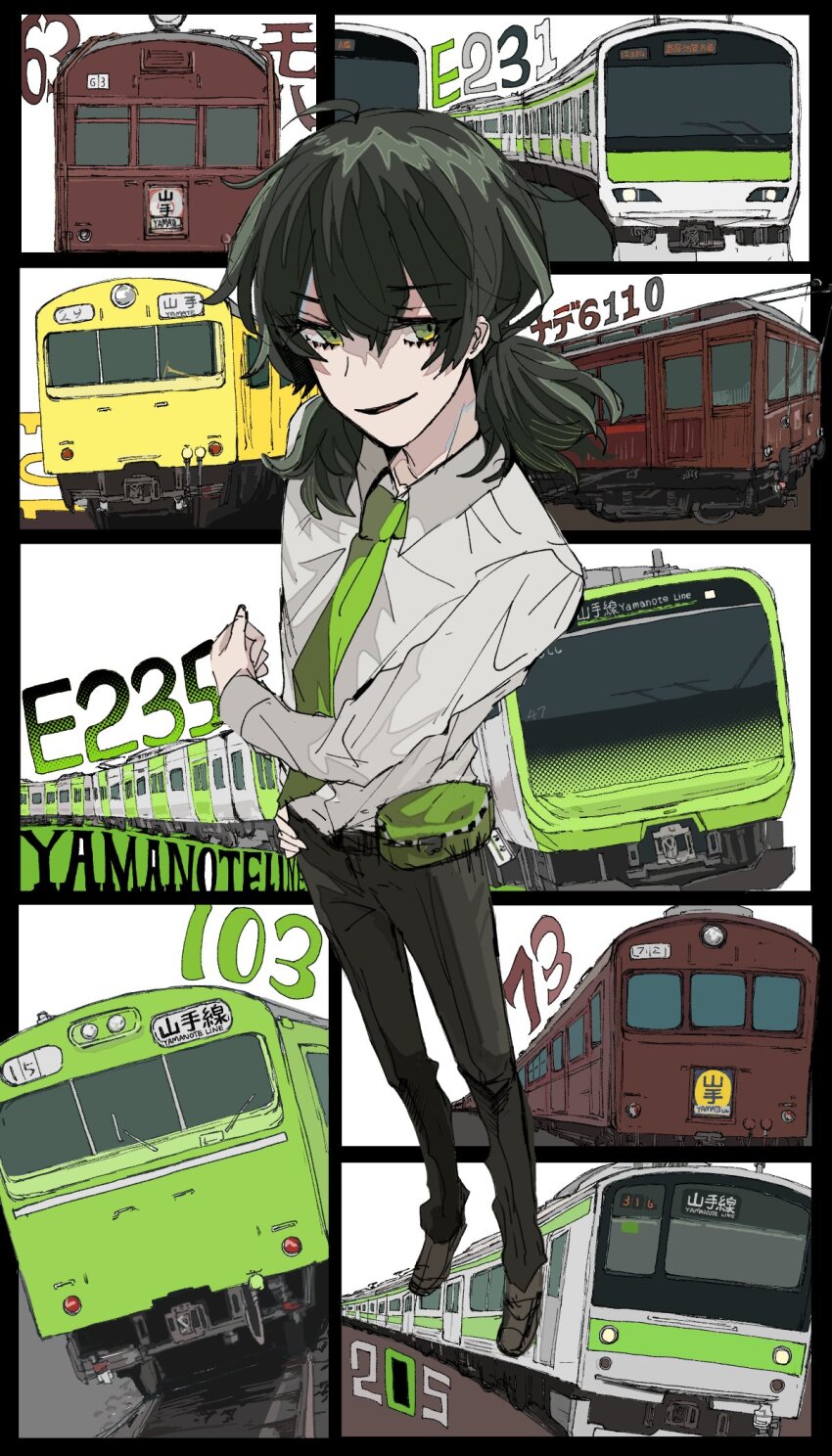 1boy, ahoge, augustin_tea, belt_pouch, black_hair, black_pants, collared_shirt, green_eyes