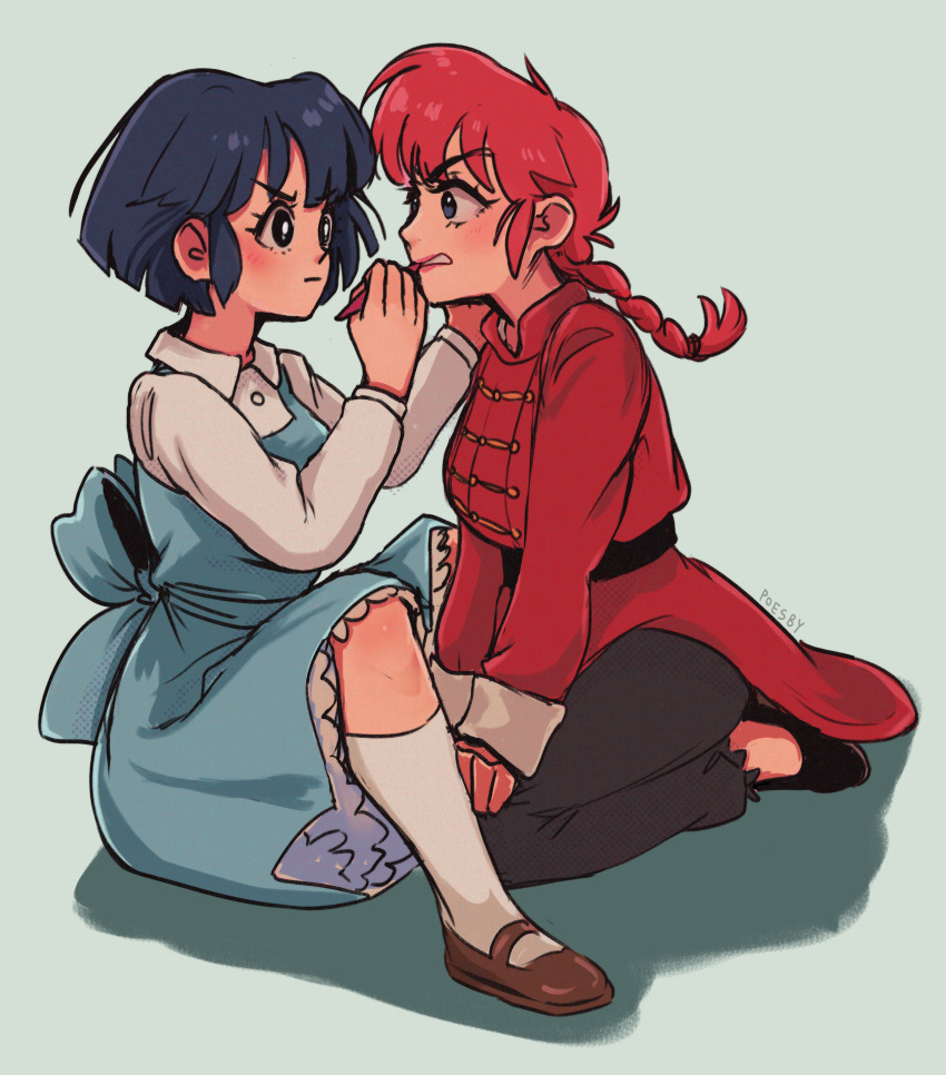2girls, absurdres, applying_another's_makeup, applying_makeup, artist_name, back_bow, belt, black_belt, black_footwear, black_pants, blue_background, blue_bow, blue_dress, blue_hair, bow, braid, braided_ponytail, brown_footwear, commentary, dress, english_commentary, frown, fuurinkan_high_school_uniform, hands_on_own_knees, highres, long_hair, looking_at_another, mary_janes, multiple_girls, pants, poesby, ranma-chan, ranma_1/2, red_hair, red_shirt, school_uniform, seiza, shadow, shirt, shoes, short_hair, simple_background, sitting, socks, tendou_akane, white_socks