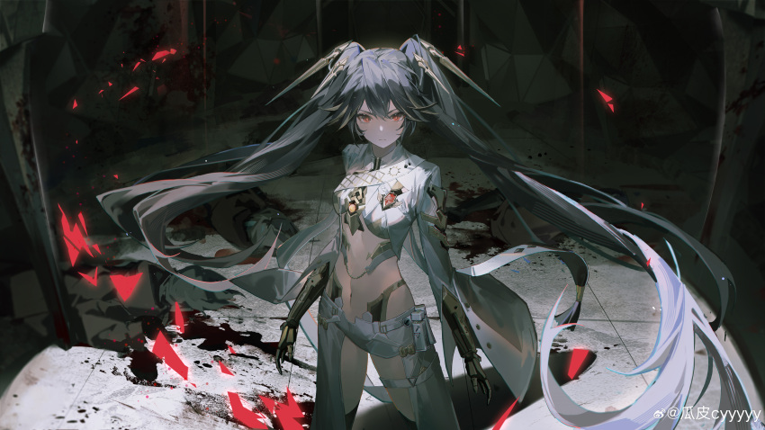 absurdres, black_hair, blood, blood_splatter, bug, butterfly, corpse, cyyyyy, frown, glaring, headgear, highres, insect, looking_at_viewer, lucia:_pyroath_(pgr), lucia_(pgr), mechanical_arms, medal, multicolored_hair, official_art, punishing:_gray_raven, red_eyes, ruins, twintails, watermark, weibo_watermark