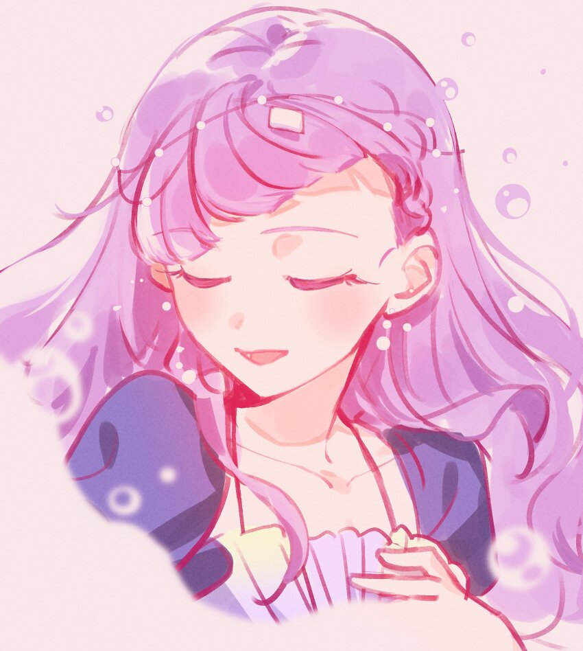 1girl, bangs_blown_up, blunt_bangs, bubble_rise_(love_live!), closed_eyes, collarbone, commentary, dress