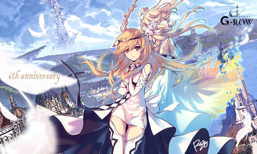 2girls, agatha_(ta_ga_tame_no_alchemist), blonde_hair, braid, building, closed_eyes, closed_mouth, commentary_request