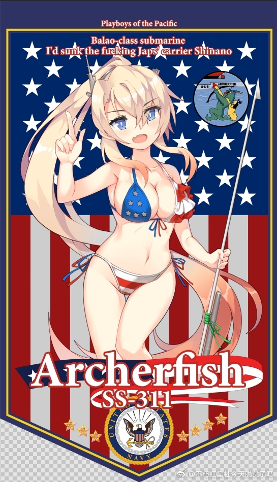 1girl, american_flag, american_flag_bikini, american_flag_print, archerfish_(warship_girls_r), bikini, blonde_hair, blue_eyes, blue_pupils, buxiuhongxingshe_jintiantuopinlema, english_text, fang, flag_background, flag_print, flag_print_bikini, high_ponytail, long_hair, looking_at_viewer, open_mouth, panties, ponytail, print_bikini, profanity, side_ponytail, smile, solo, star-shaped_pupils, star_(symbol), striped_clothes, striped_panties, swimsuit, symbol-shaped_pupils, underwear, warship_girls_r, watermark, weibo_watermark