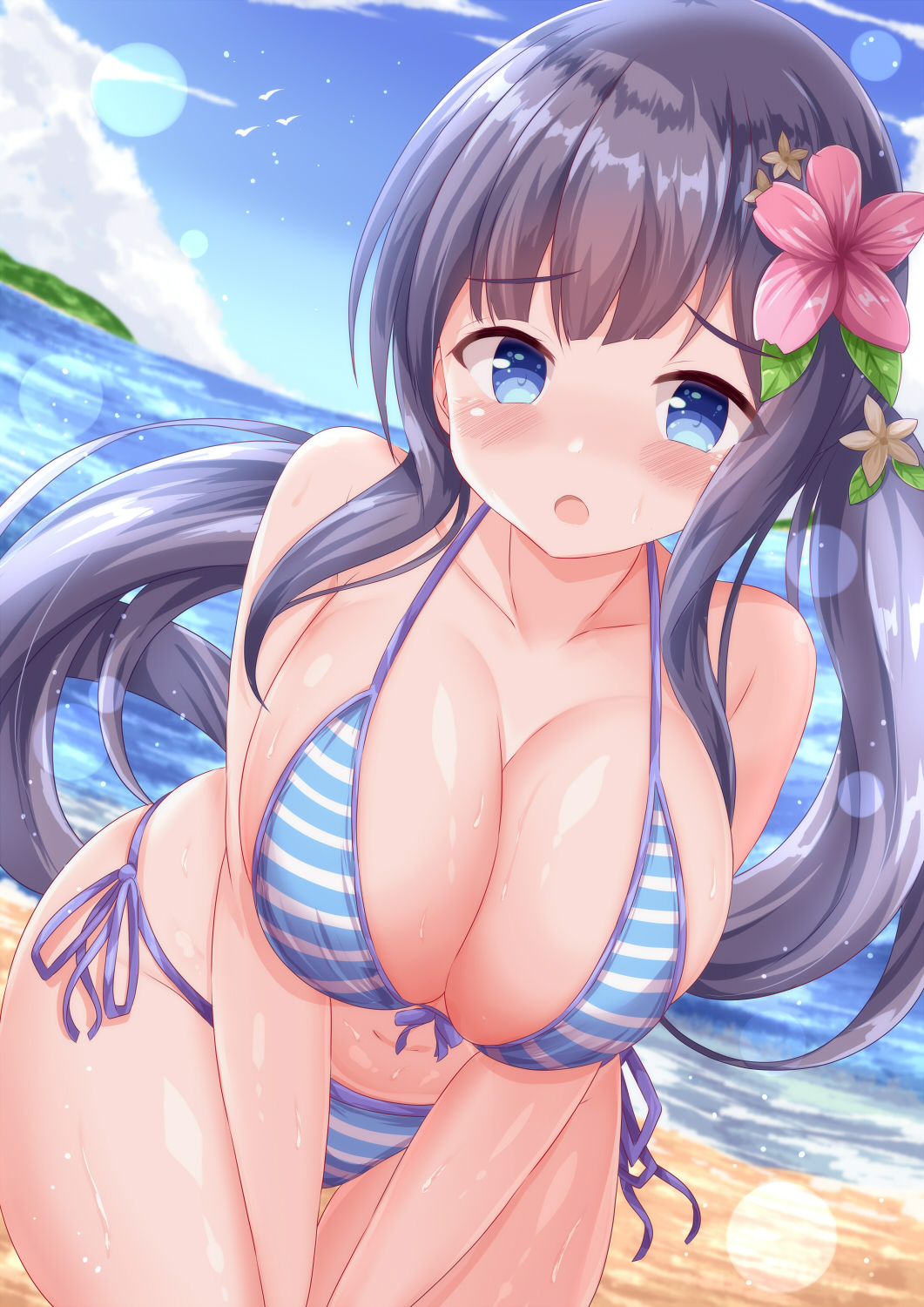1girl, bare_arms, bare_shoulders, beach, bikini, blue_sky, blush, breasts