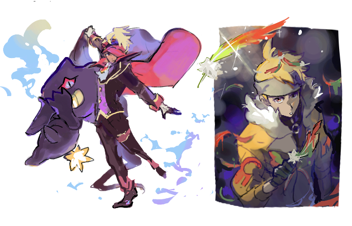 1boy, banette, black_footwear, black_pants, black_suit, blonde_hair, cape, closed_mouth