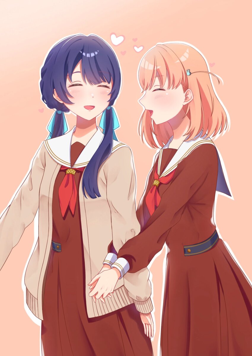2girls, ^_^, absurdres, arm_hug, blue_hair, blue_ribbon, brown_cardigan, brown_dress, cardigan, closed_eyes, commentary_request, crossed_bangs, dark_blue_hair, dress, gradient_background, hair_ornament, hair_ribbon, hasu_no_sora_school_uniform, heart, highres, hinoshita_kaho, link!_like!_love_live!, long_hair, long_sleeves, love_live!, low_twintails, mano_409, medium_hair, mole, mole_on_neck, multiple_girls, murano_sayaka, neckerchief, open_cardigan, open_clothes, open_mouth, orange_background, orange_hair, outline, pleated_dress, profile, rabbit_hair_ornament, red_neckerchief, ribbon, sailor_collar, sailor_dress, school_uniform, simple_background, twintails, two_side_up, virtual_youtuber, white_outline, white_sailor_collar, winter_uniform, yuri