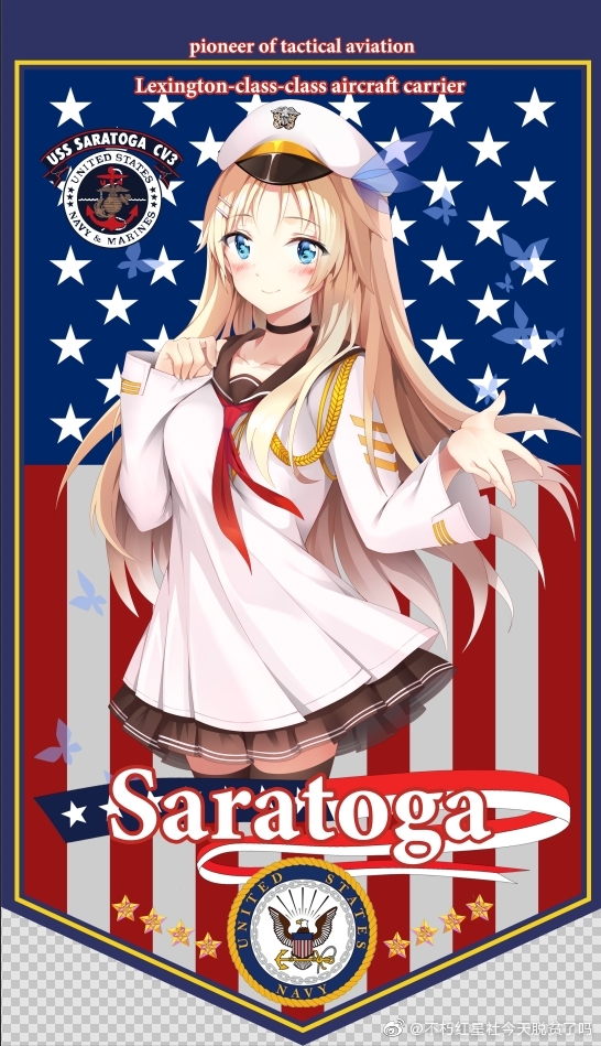 1girl, american_flag, black_thighhighs, blonde_hair, blue_eyes, blush, breasts, brown_skirt