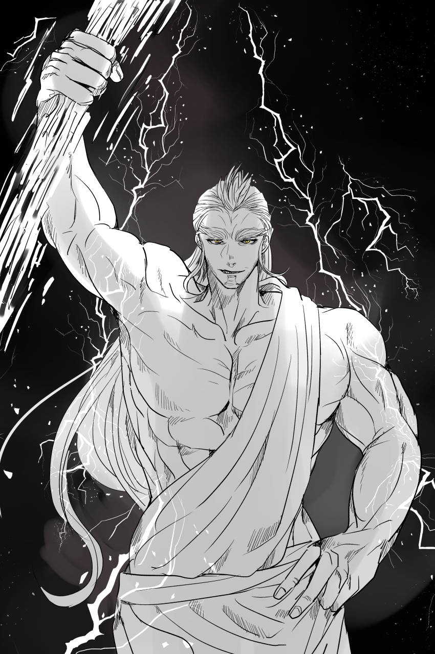 1boy, aged_down, arm_up, black_background, collarbone, facial_hair, goatee, goatee_stubble, half-closed_eyes, hand_on_own_hip, highres, holding, holding_lightning_bolt, lightning, lightning_bolt_symbol, long_hair, looking_at_viewer, male_focus, parted_lips, pointy_ears, robe, shuumatsu_no_valkyrie, sidelocks, simple_background, smile, smirk, stubble, suzuka_(pixiv), tagme, teeth, zeus_(shuumatsu_no_valkyrie)