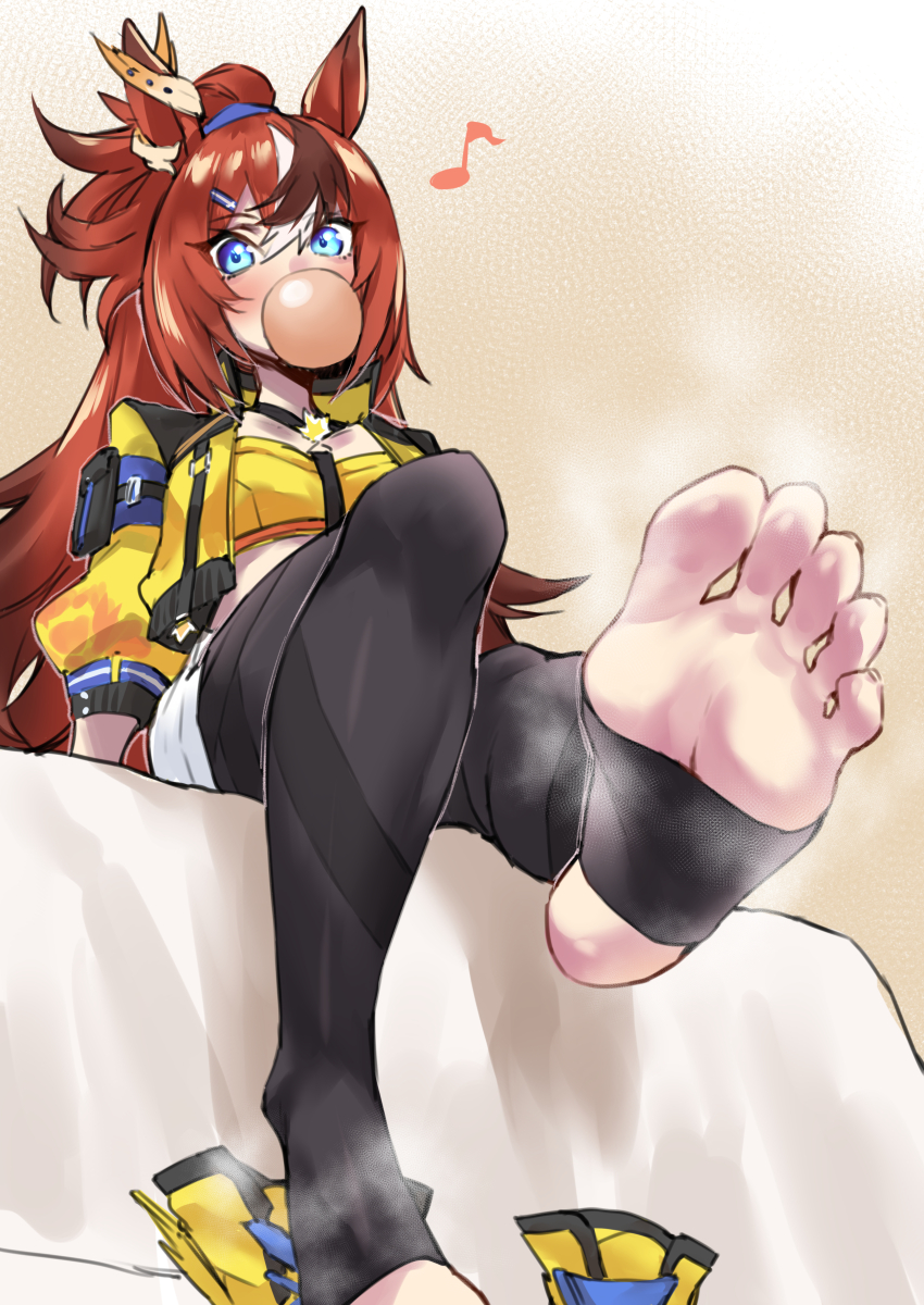 1girl, absurdres, animal_ears, barefoot, blowing_bubbles, blue_eyes, brown_hair, bubble_gum_fellow_(umamusume), chewing_gum, feet, fukuinu, highres, horse_ears, horse_girl, light_blush, long_hair, looking_at_viewer, shoes, soles, steam, stirrup_legwear, toeless_legwear, toes, umamusume, unworn_shoes