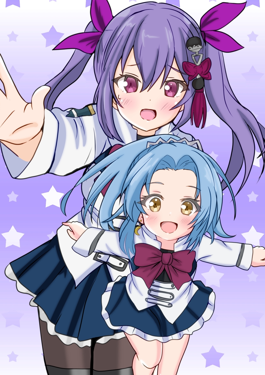 2girls, :d, absurdres, age_regression, aged_down, assault_lily, black_thighhighs, blue_hair