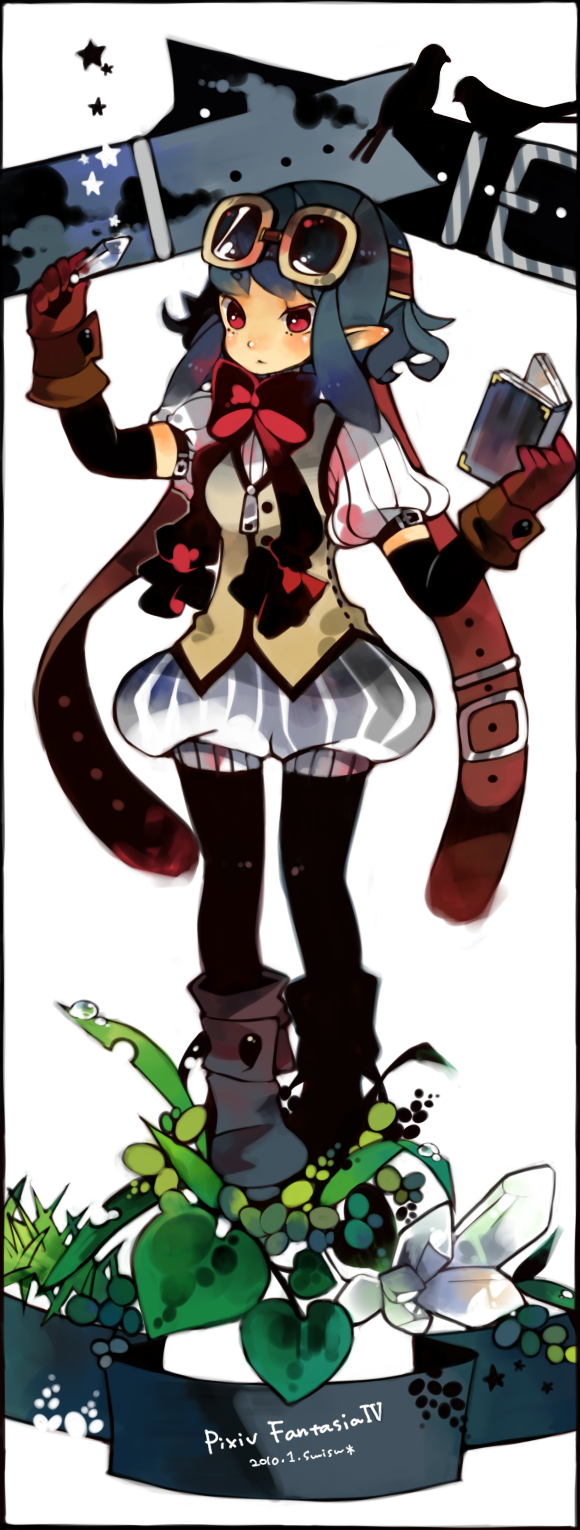 1girl, bad_id, bad_pixiv_id, blue_hair, book, bow, crystal, elbow_gloves