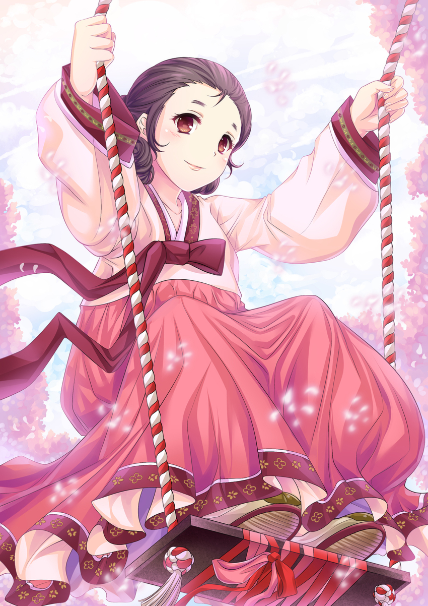 1girl, black_hair, china, china_comic, forehead, from_below, full_body, hanbok