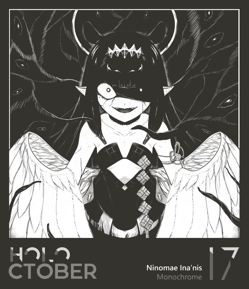 1girl, absurdres, atpoppet, bare_shoulders, choker, clothing_cutout, commentary, cutout_above_navel