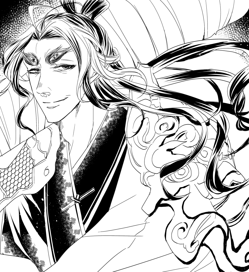 1boy, armor, greyscale, half-closed_eyes, japanese_clothes, kimono, long_hair, looking_at_viewer