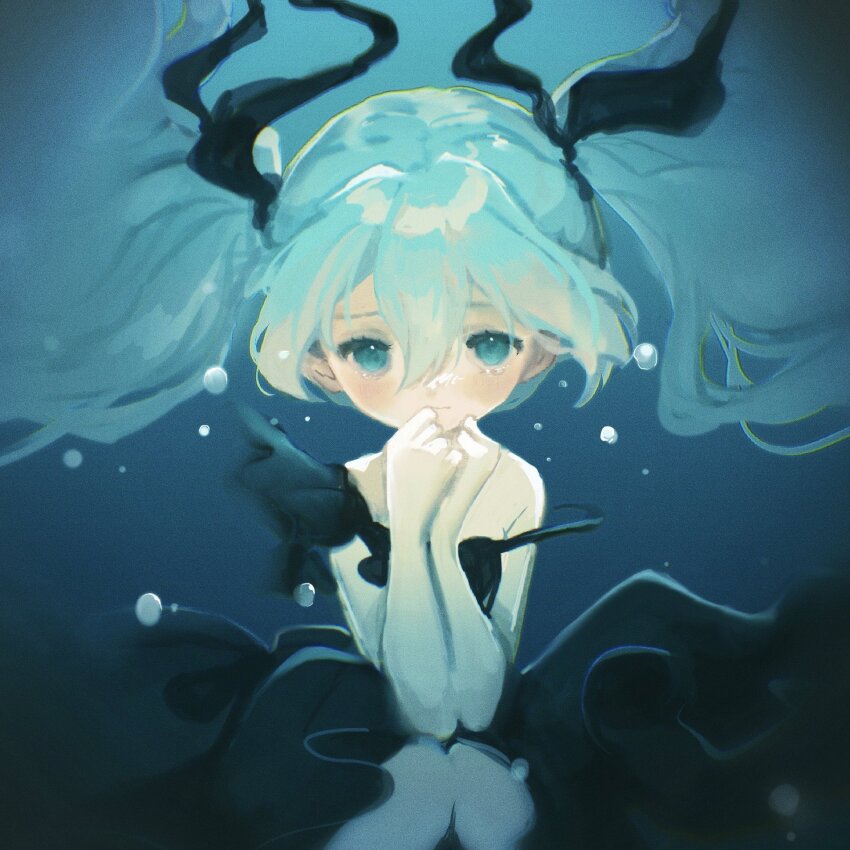 1girl, 2023, aqua_eyes, aqua_hair, black_dress, black_ribbon, bubble, dress, hair_ribbon, hatsune_miku, highres, miku_day, ribbon, shinkai_shoujo_(vocaloid), strap_slip, takki_kindwater, tears, twintails, underwater, vocaloid