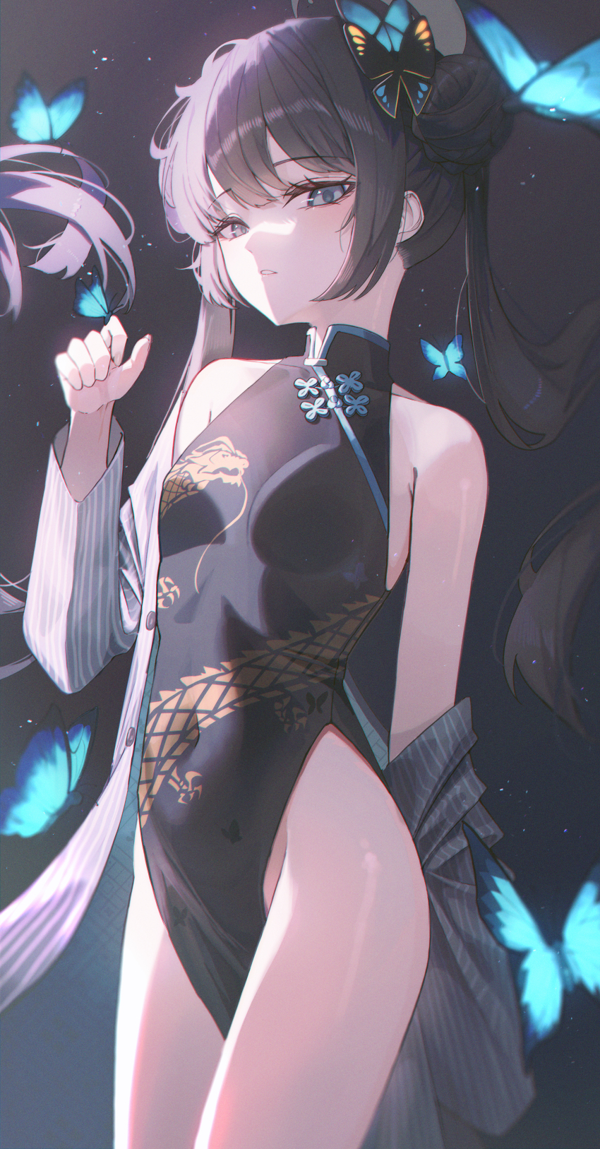 1girl, :o, absurdres, aqua_butterfly, armpit_crease, bare_legs, black_dress, black_hair, blue_archive, breasts, bug, butterfly, butterfly_hair_ornament, butterfly_on_hand, china_dress, chinese_clothes, coat, coat_partially_removed, commentary, covered_navel, domi_(hongsung0819), dragon_print, dress, english_commentary, fingernails, grey_coat, hair_bun, hair_ornament, halo, highres, insect, kisaki_(blue_archive), long_hair, looking_at_viewer, no_panties, pelvic_curtain, pinstripe_pattern, sleeveless, sleeveless_dress, small_breasts, solo, twintails, very_long_hair