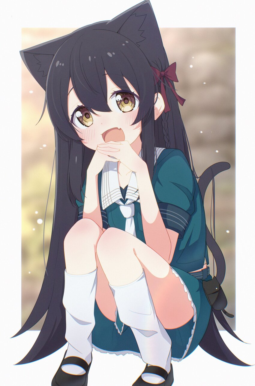 1girl, :d, absurdres, animal_ear_fluff, animal_ears, black_hair, black_shoes, blue_dress