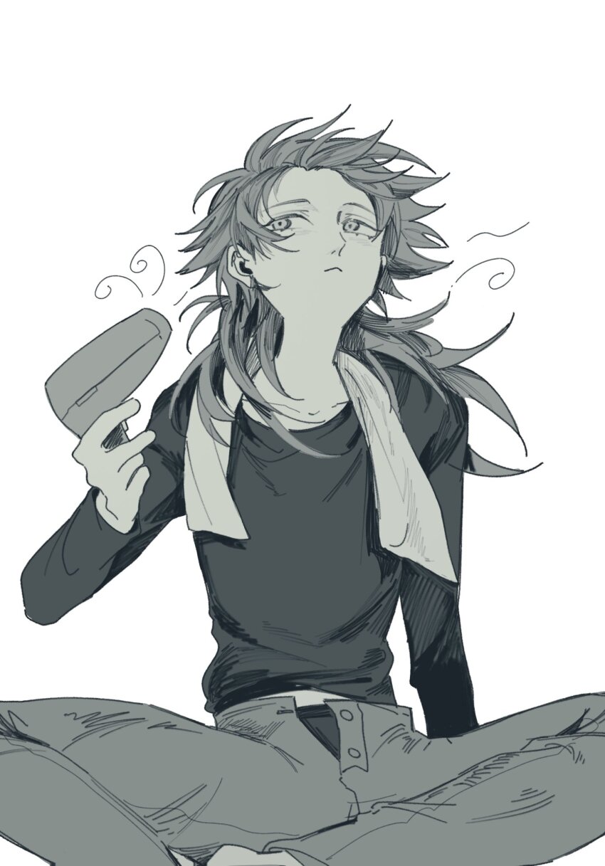 1boy, :<, arm_support, arm_up, closed_mouth, commentary_request, dramatical_murder, drying, drying_hair, drying_own_hair, feet_out_of_frame, greyscale, hair_dryer, highres, holding, holding_hair_dryer, indian_style, long_hair, long_sleeves, looking_to_the_side, male_focus, male_underwear, male_underwear_peek, midriff_peek, monochrome, open_pants, pants, qincaihefan, seragaki_aoba, shirt, simple_background, sitting, solo, towel, towel_around_neck, underwear, white_background
