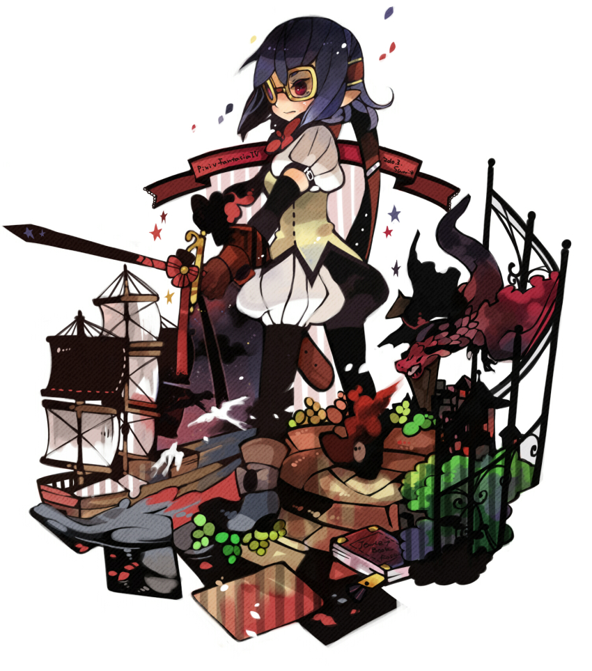 1girl, bad_id, bad_pixiv_id, bird, blue_hair, book, dragon, elbow_gloves