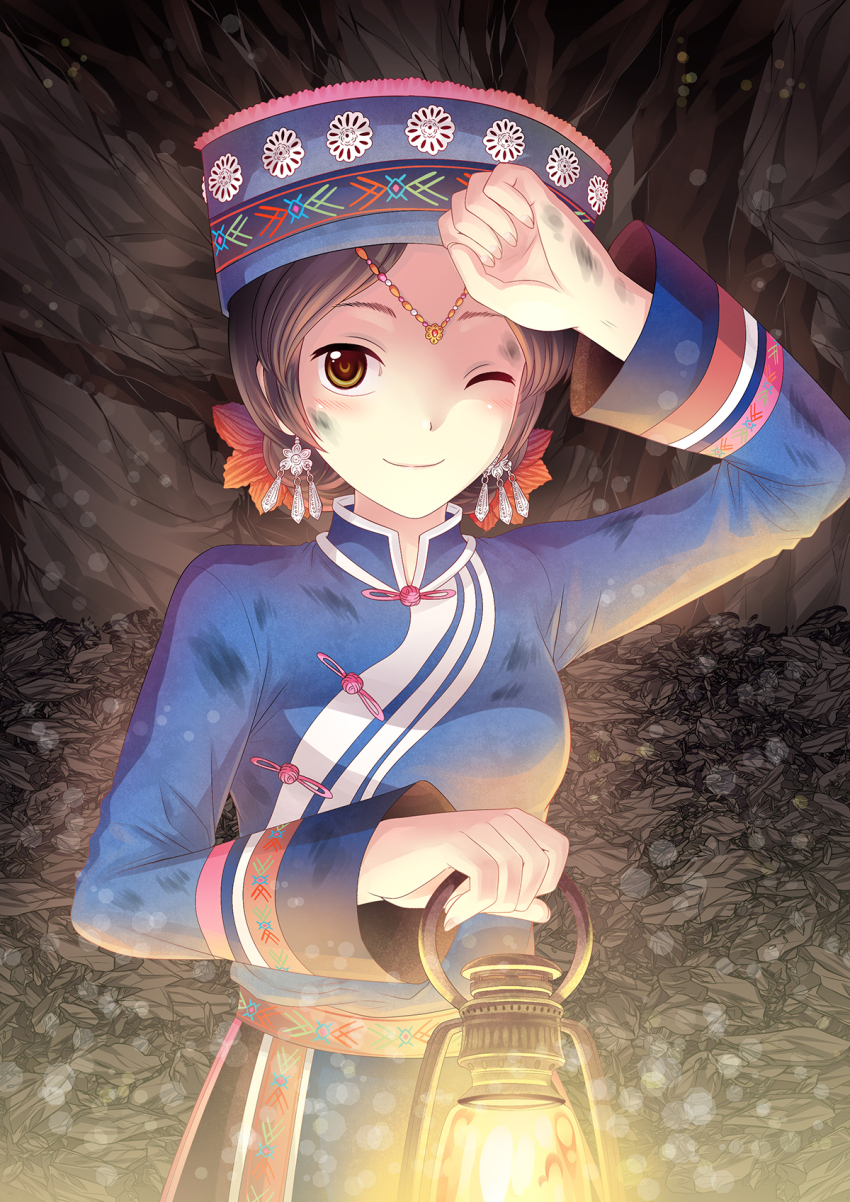 1girl, apron, black_hair, blue_hat, blue_shirt, button_knot, china_comic, chinese_clothes